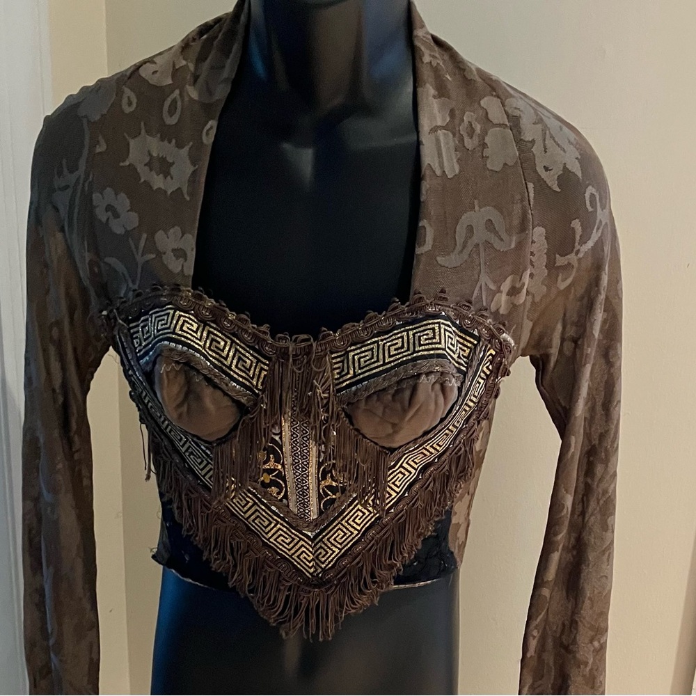 Brown and Gold Patterned Top with Fringe with matching wide leg pants